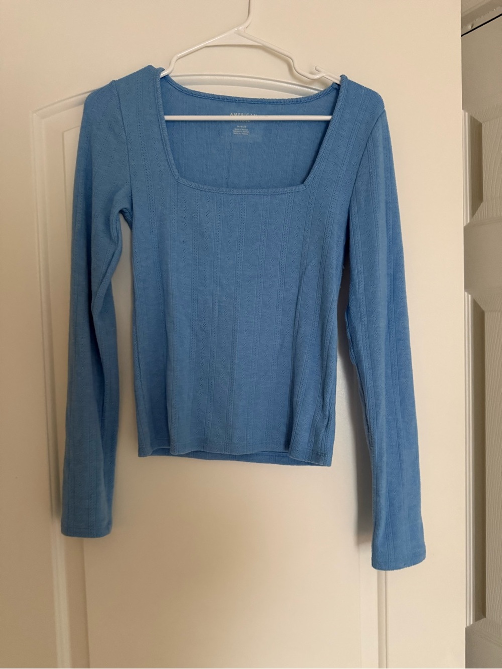 American Eagle Outfitters Light Blue Square-Neck Ribbed Long Sleeve Top